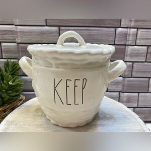 Rae Dunn🩷 "Keep" Straw basket design ceramic Canister  5x5.5” New